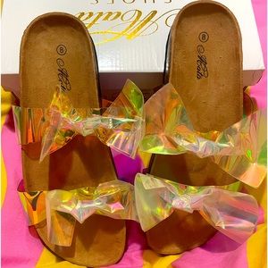Iridescent bow sandals